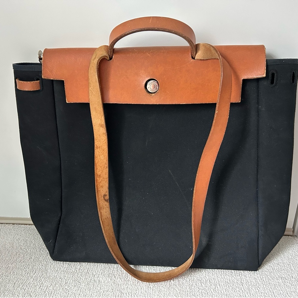 Authentic Hermés Herbag PM 2way black canvas